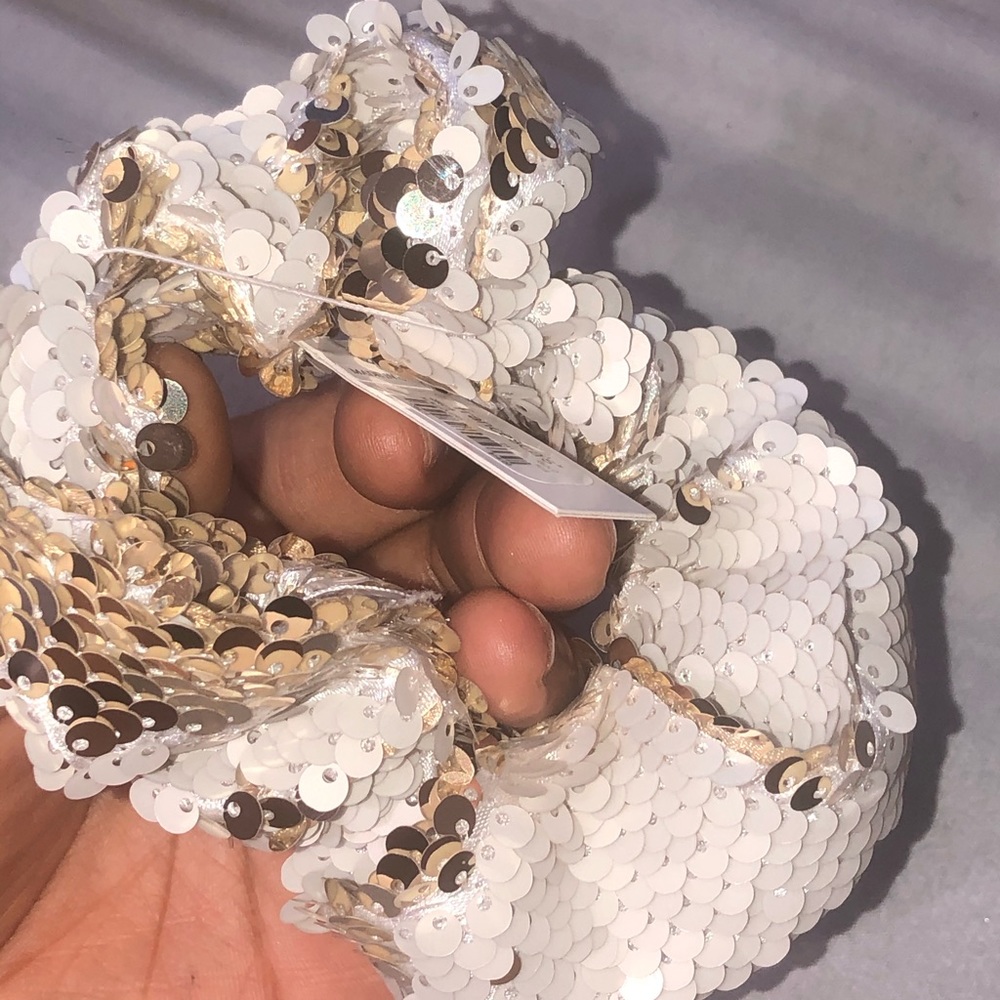 A beautiful white& gold sequin hair scrunchie